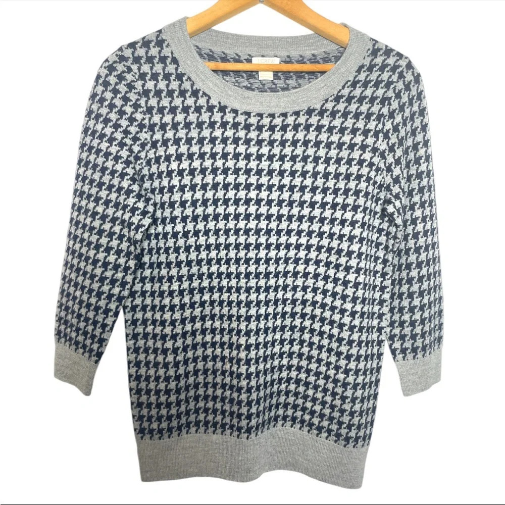 J Crew Womens Small Tippi Merino Wool Gray Navy Houndstooth 3/4 Sleeve Sweater